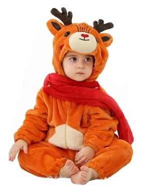 Kids Orange Reindeer Christmas girls boys Plush One-Piece with Red Scarf